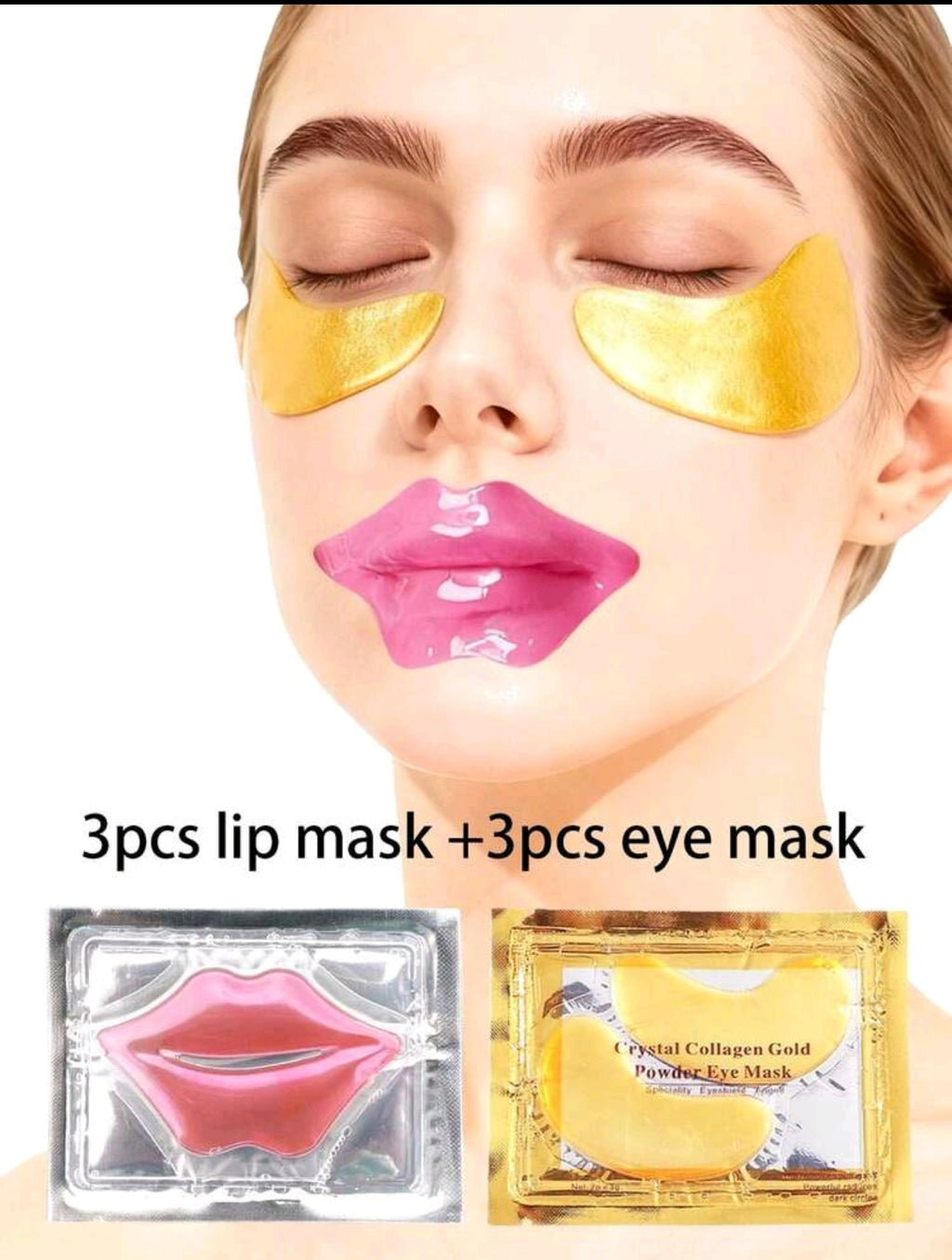 Crystal Collagen Gold Powder Eye Mask & Pink Lip Mask Set (3 Pcs Lip Mask + 3 Pcs Eye Mask)
