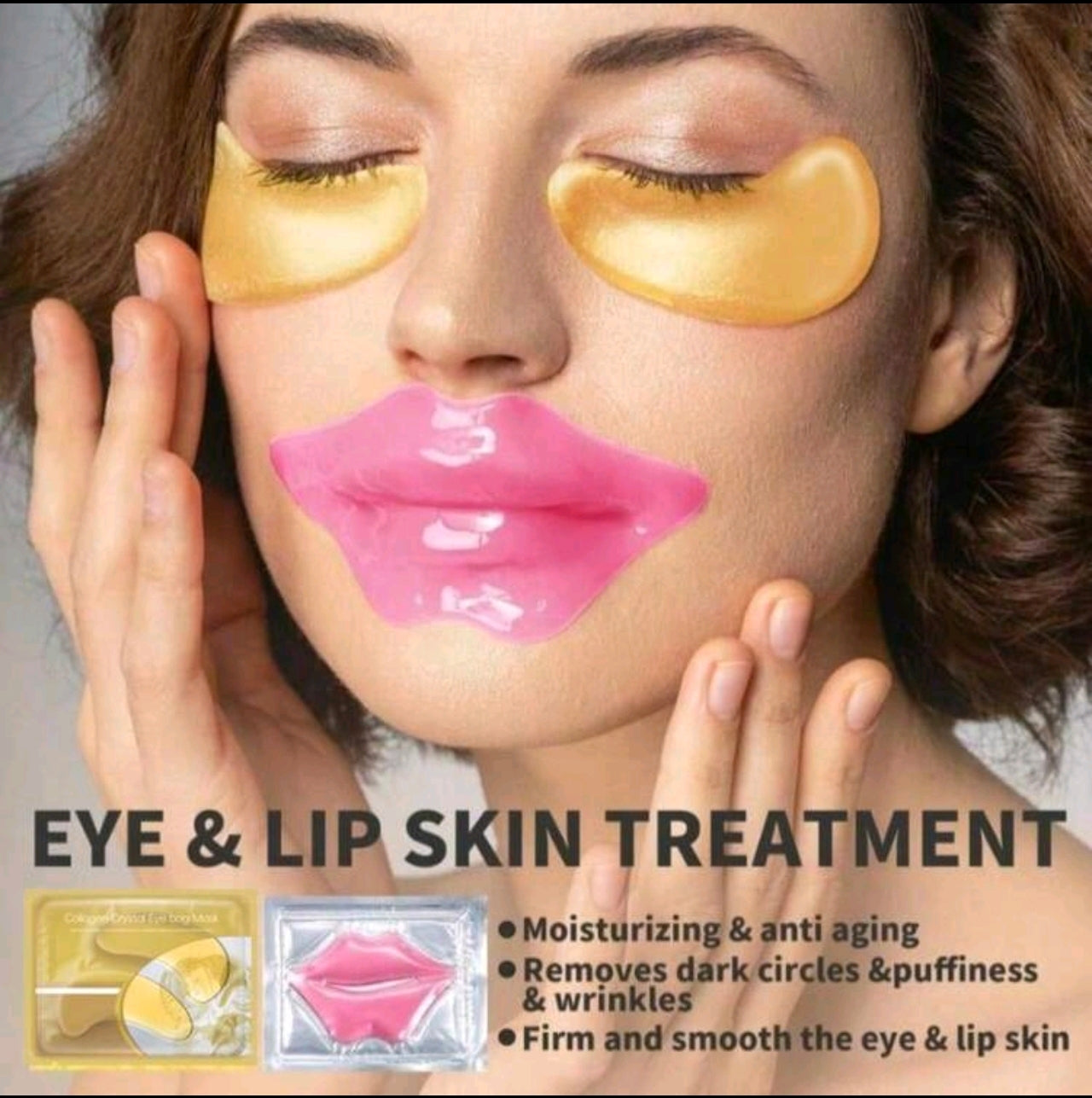 Crystal Collagen Gold Powder Eye Mask & Pink Lip Mask Set (3 Pcs Lip Mask + 3 Pcs Eye Mask)