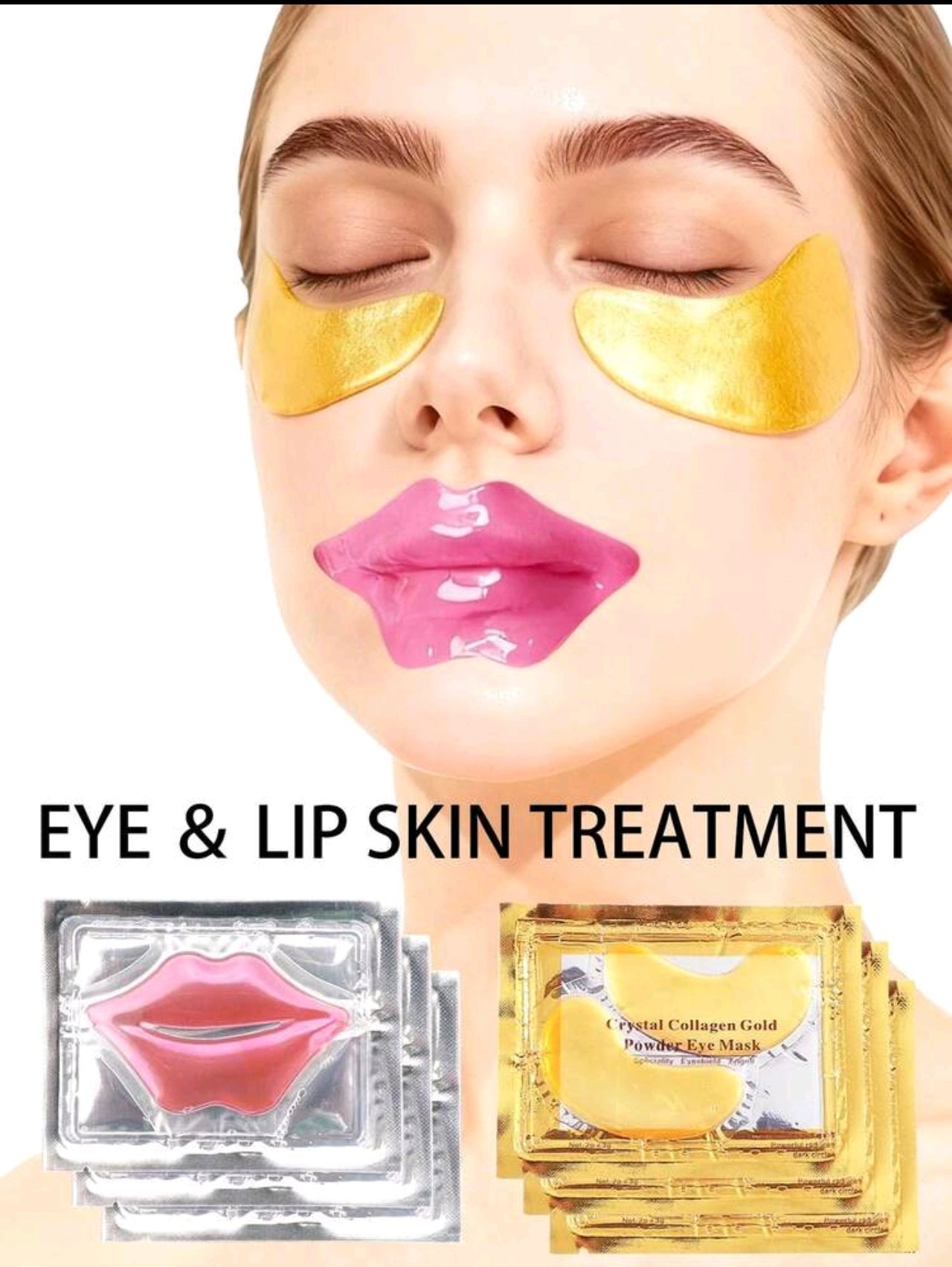 Crystal Collagen Gold Powder Eye Mask & Pink Lip Mask Set (3 Pcs Lip Mask + 3 Pcs Eye Mask)