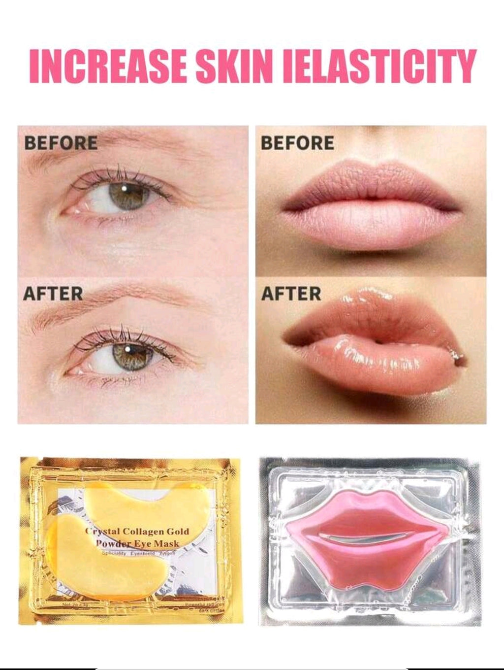 Crystal Collagen Gold Powder Eye Mask & Pink Lip Mask Set (3 Pcs Lip Mask + 3 Pcs Eye Mask)